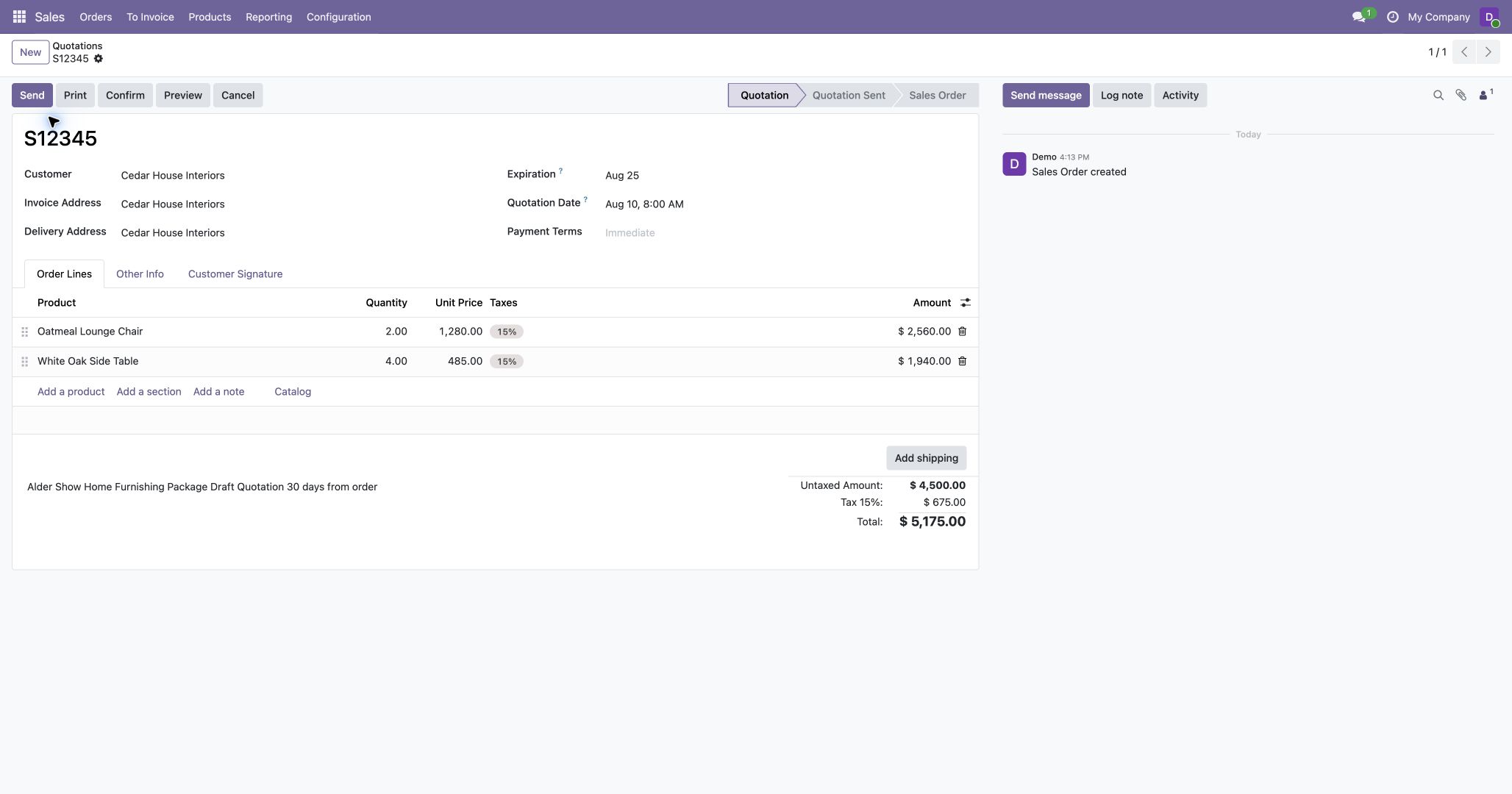 Draft quotation created in Odoo from an imported workbook