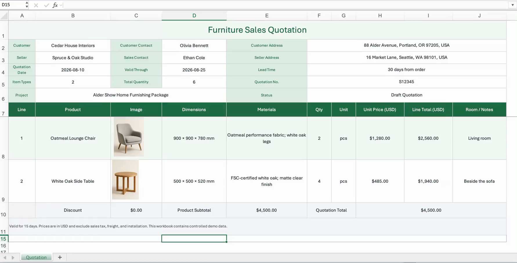Sales quotation workbook containing customer details, product rows, images, and prices